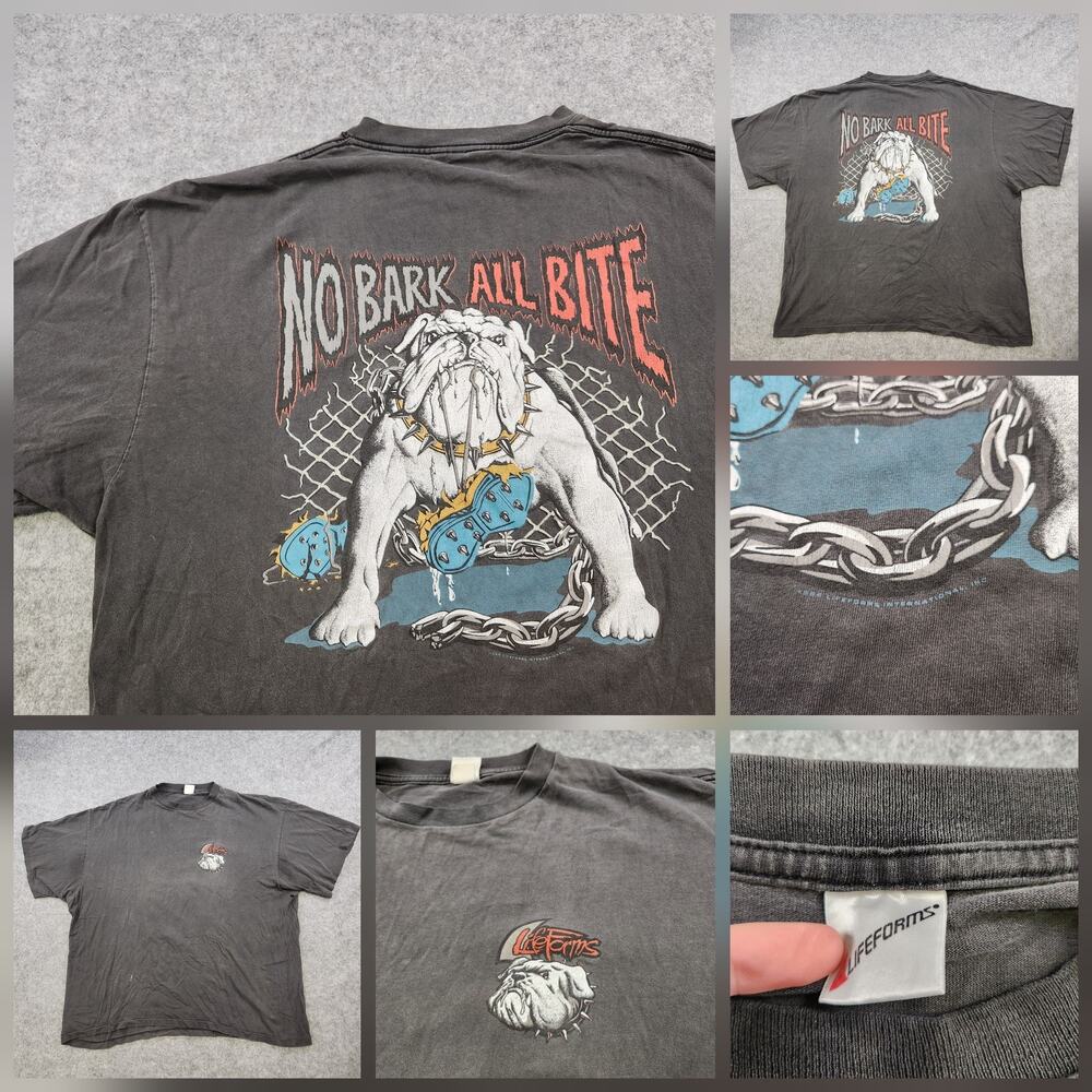 VTG LifeForms T Shirt Mens 3XL Black Bulldog No Bark All Bite 90s USA DISTRESSED